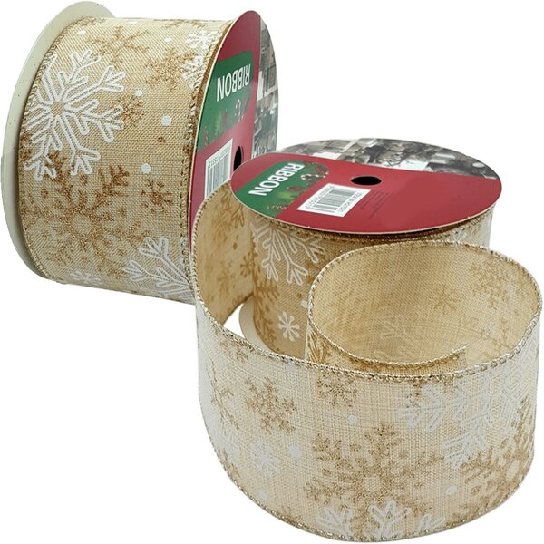 Rolos Fitas Aramada Flocos Neve Natal Kit 2pçs 6,3cm 9,14m