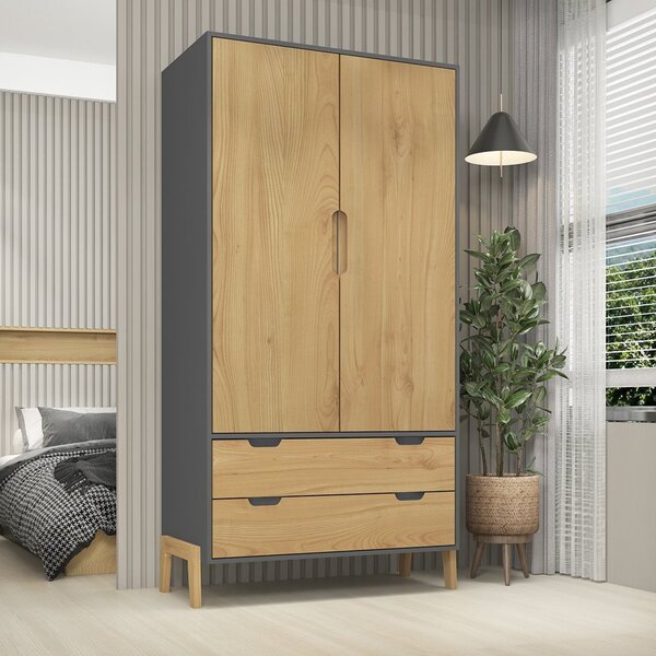 Roupeiro 2 Portas 2 Gavetas Madeira Com Pés Grafite/wood