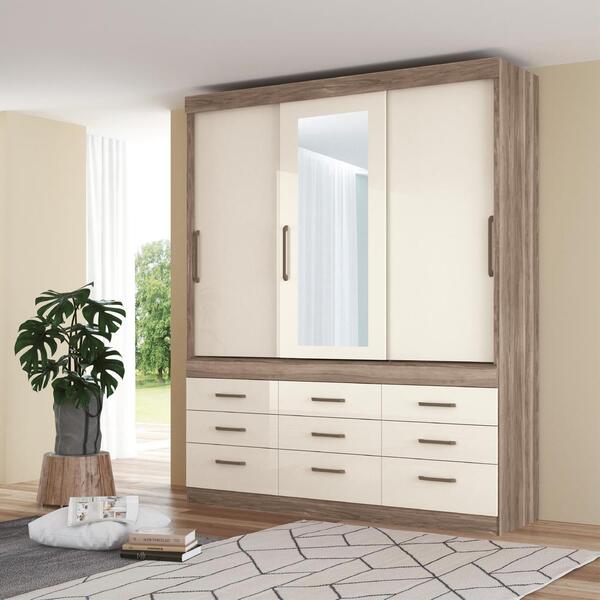 Roupeiro 3 Portas 9 Gavetas Com Espelhos Greece Castanha Off