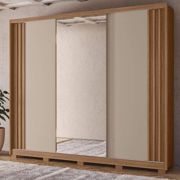 Roupeiro 3 Portas Ripado Espelhado Roma Carvalho Fendi