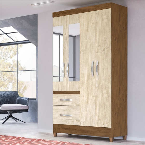 Roupeiro 4 Portas Damon Castanho Wood Avelã Wood Com Espelho