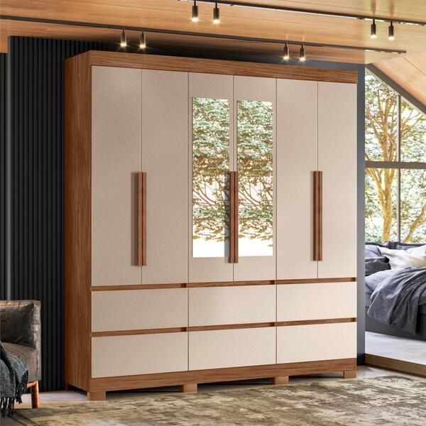 Roupeiro 6 Gavetas Com Espelho Vega Avelã Fendi Metalic