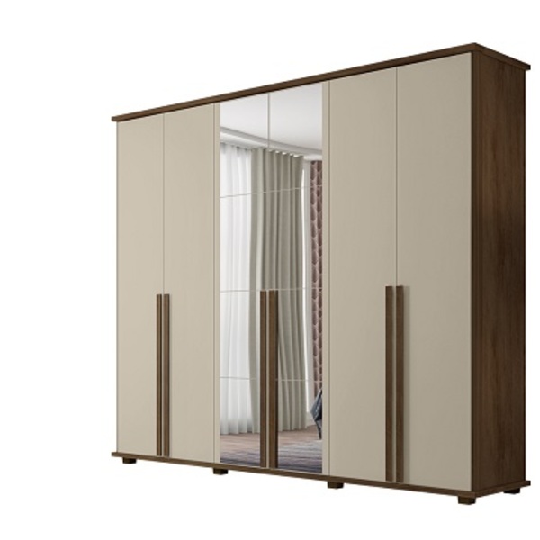 Roupeiro 6 Portas Com Espelho Estrela Freijó Com Off White –