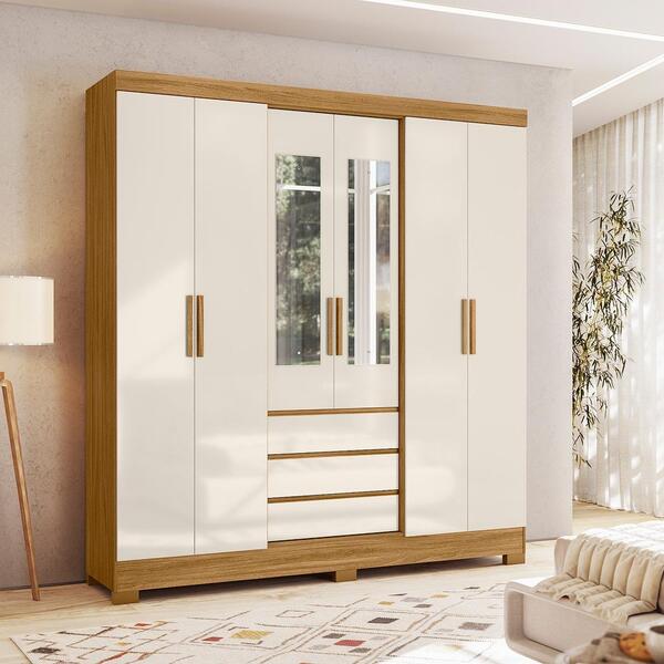 Roupeiro 6 Portas Porto Com Espelho Freijó Off White