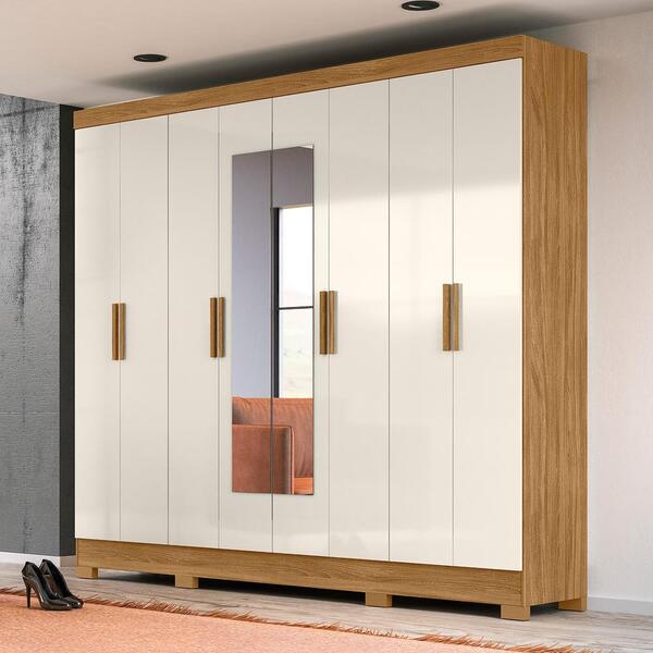 Roupeiro 8 Portas Rocas Com Espelho Freijó Off White