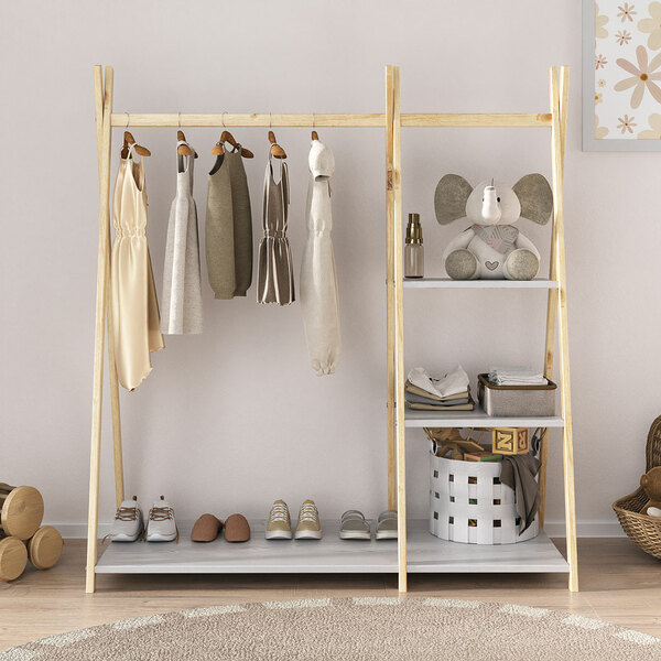 Roupeiro Bebê Arara Montessoriana Madeira Natural Branco Lotte