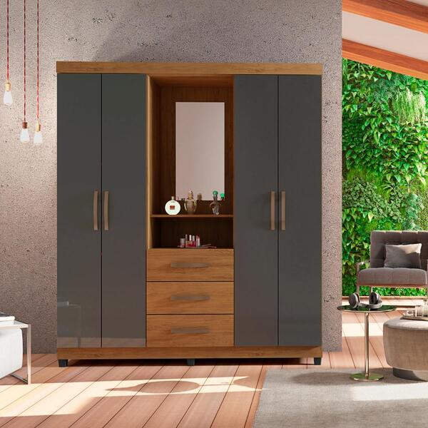 Roupeiro Casal 4 Portas Com Espelho Rachel Freijó Grafite