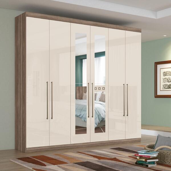 Roupeiro Casal 6 Portas Com Espelho Moli Castanha Off White