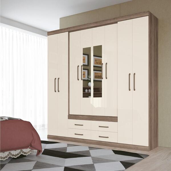 Roupeiro Casal 8 Portas Com Espelhos Stella Castanha Off White