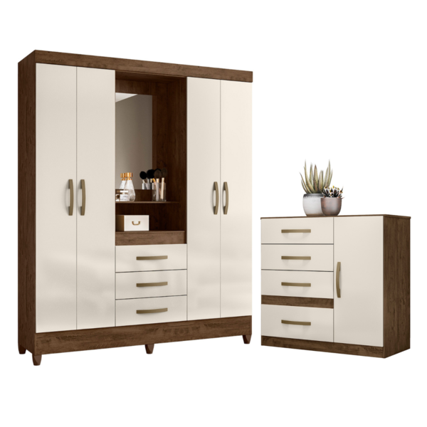 Roupeiro Com Espelho E Cômoda Pequim Castanho Wood Off White
