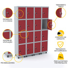 Roupeiro De Aço 4m 16 Portas Fechadura Pandin - Cinza/vermelho