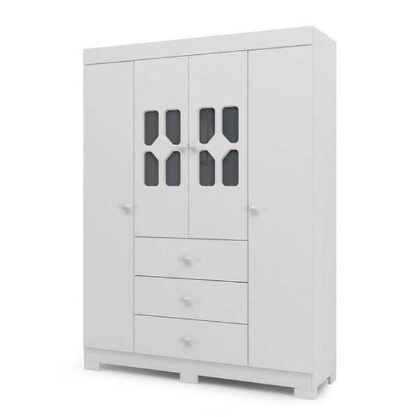 Roupeiro New Cristal 4 Portas 3 Gavetas Branco Brilho