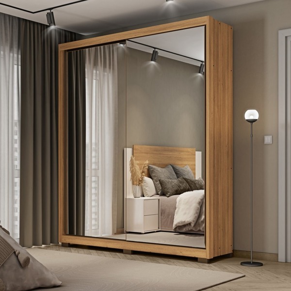 Roupeiro Thor 2 Portas De Correr Espelhado Mel Com Pés Dj Móv