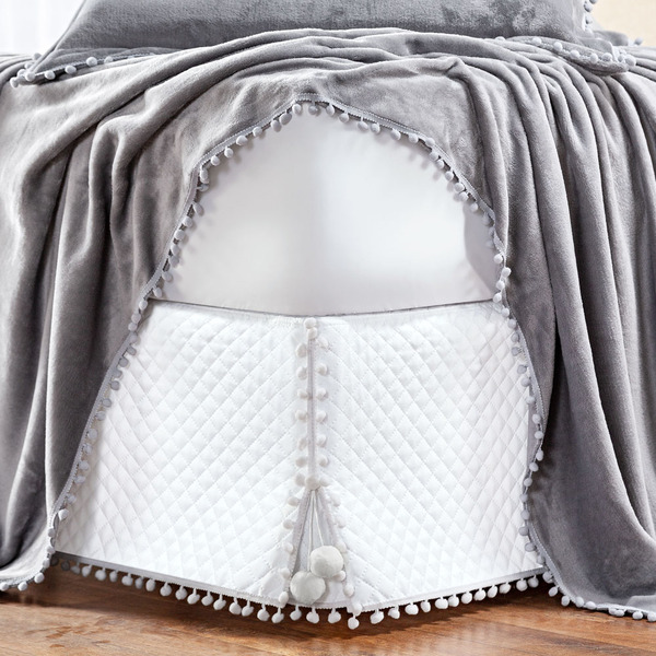 Saia Cama Box King Deluxe Oxford Matelado C/ Pompom - Branca