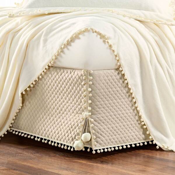 Saia Para Cama Box Queen Pompom - Bege