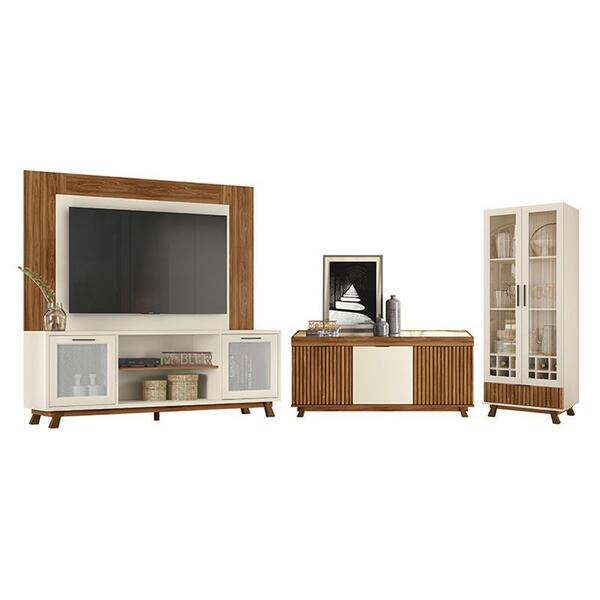 Sala De Estar Arcade Ripado Rack Com Painel 1.8, Cristaleira