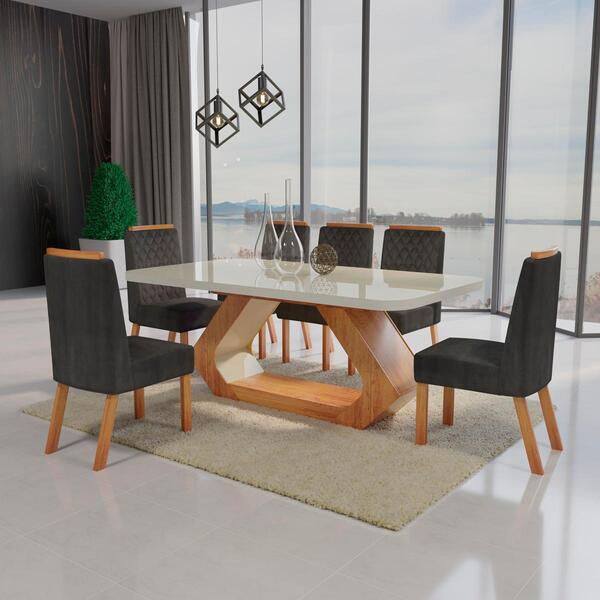 Sala De Jantar 160x80 Lottus Mdf/vidro 6 Cadeiras Bom Pastor
