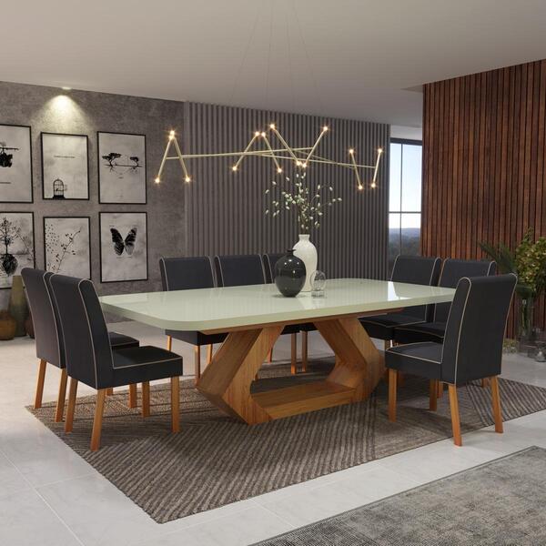 Sala De Jantar 220x110 Lottus Mdf/vidro Off 8 Cadeiras Bom Pa