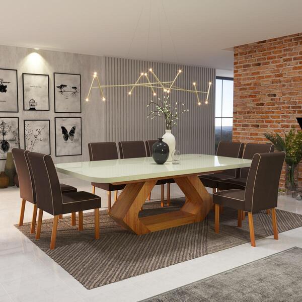 Sala De Jantar 220x110 Lottus Mdf/vidro Off 8 Cadeiras Bom Pa