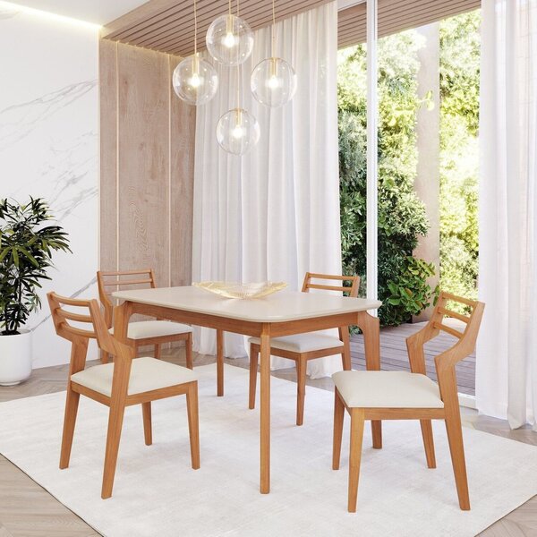 Sala De Jantar Ficus 130cm Com 4 Cadeiras Damasco Madeira /of