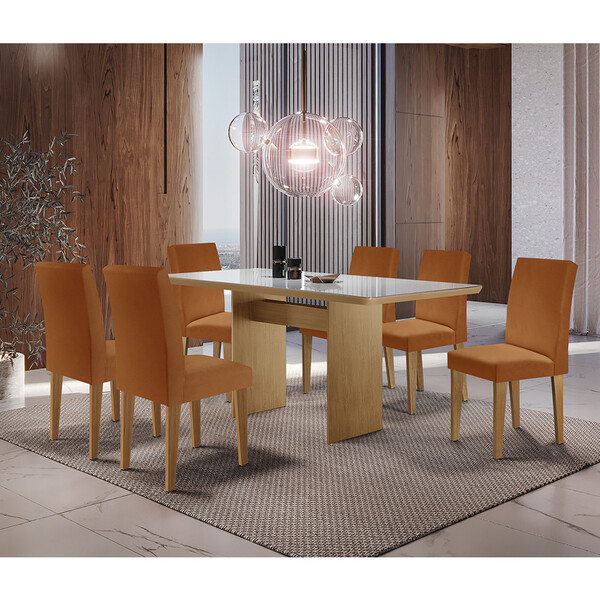 Sala De Jantar Grécia 180 Cm Tampo Mdf Vidro 6 Cadeiras Gréci