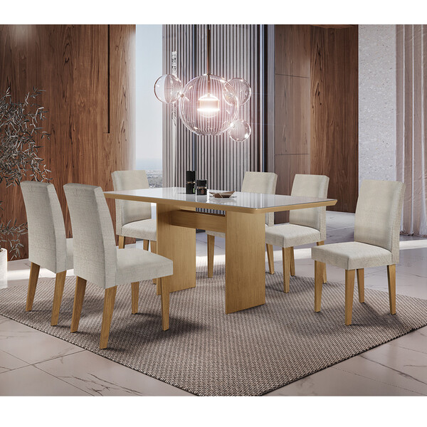 Sala De Jantar Grécia 180 Cm Tampo Mdf Vidro 6 Cadeiras Gréci