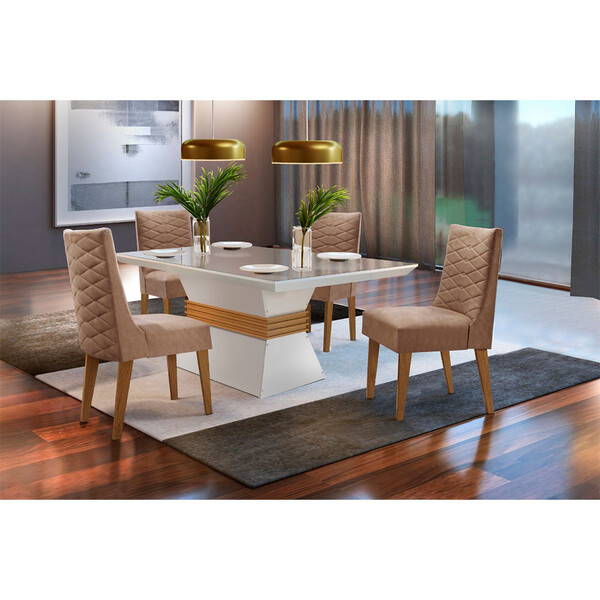 Sala De Jantar Lucy 120 Tampo Mdf Vidro Com 4 Cadeiras Safira