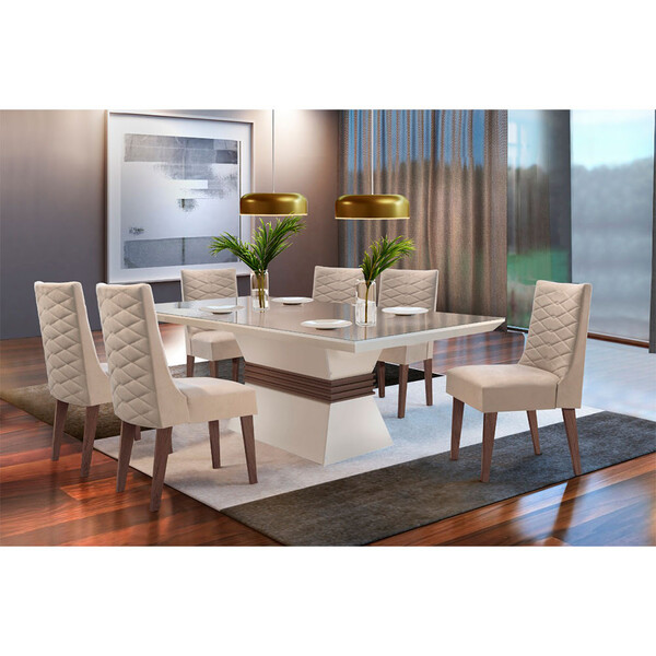 Sala De Jantar Lucy 180 Tampo Mdf Vidro Com 6 Cadeiras Safira
