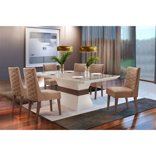 Sala De Jantar Lucy 180 Tampo Mdf Vidro Com 6 Cadeiras Safira