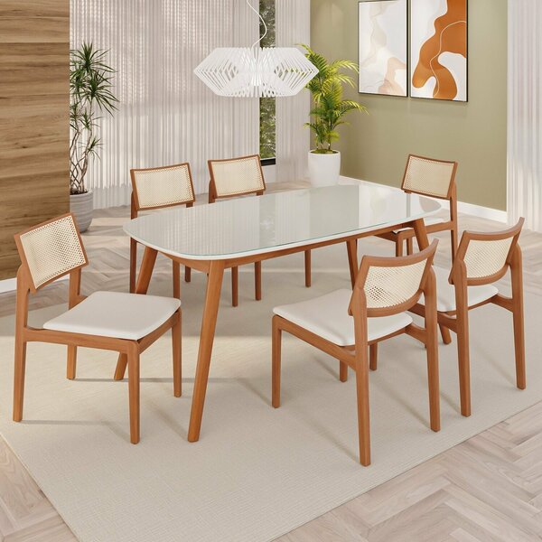 Sala De Jantar Mesa 160x76cm Tampo Em Mdf Com Vidro 6 Cadeira