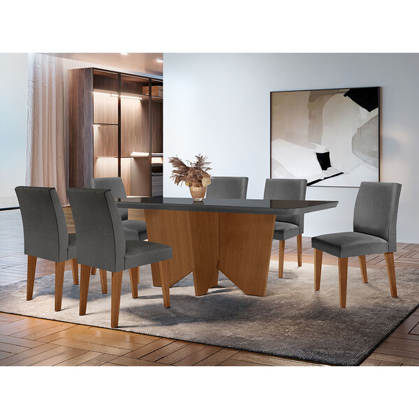 Sala De Jantar Mesa Evora 180  Mdf Vidro Canto Copo Com 6 Cad