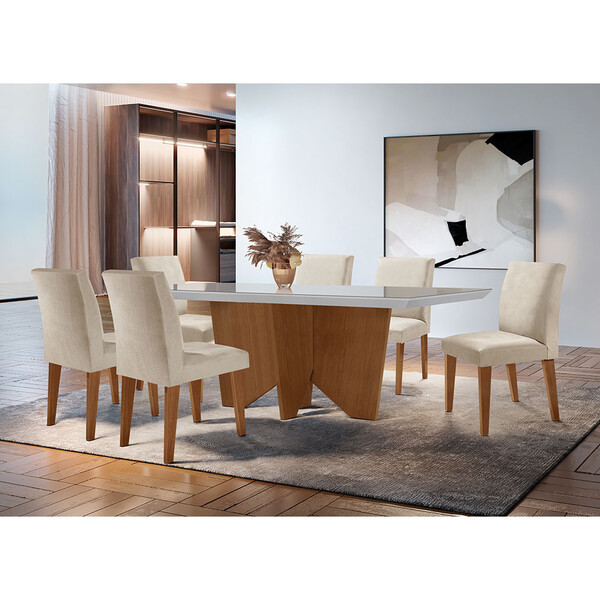 Sala De Jantar Mesa Evora 180  Mdf Vidro Canto Reto Com 6 Cad