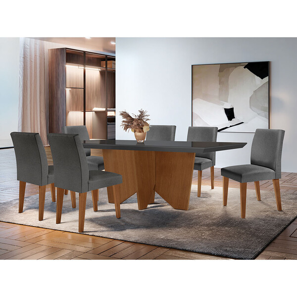 Sala De Jantar Mesa Evora 180  Mdf Vidro Canto Reto Com 6 Cad