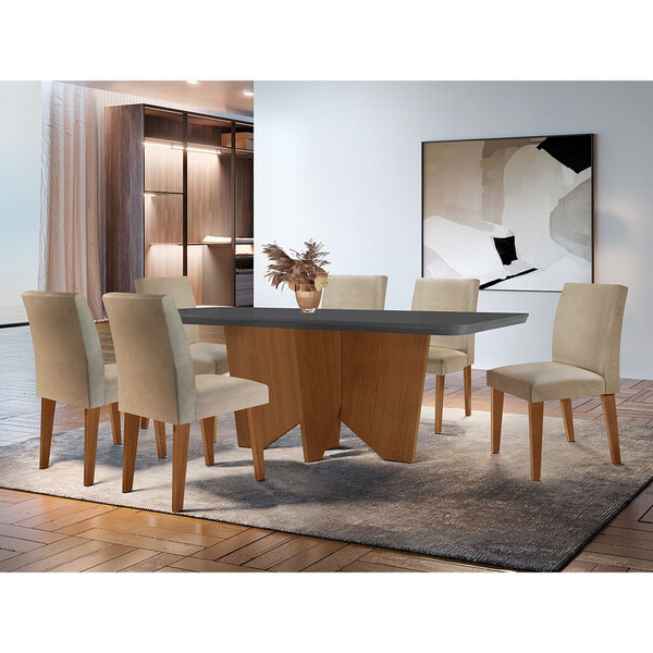 Sala De Jantar Mesa Evora 180 Mdf Canto Copo Com 6 Cadeiras G