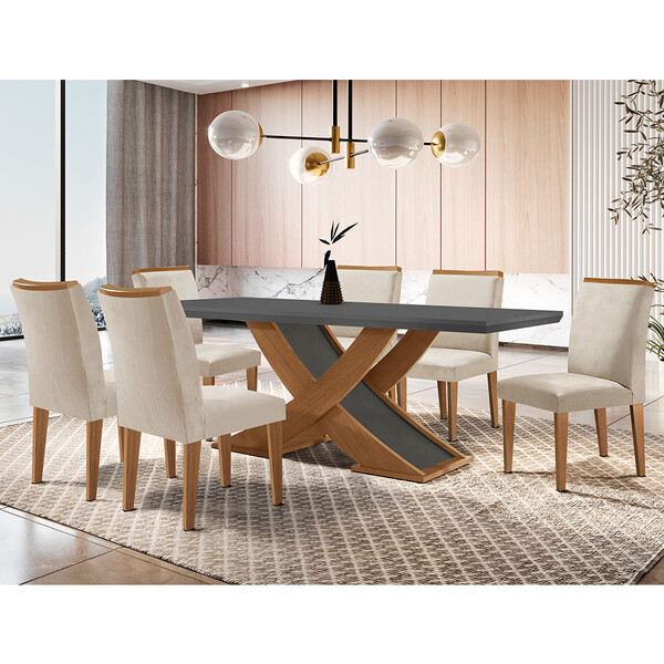 Sala De Jantar Mesa Lisboa 180 Mdf Canto Reto Com 6 Cadeiras