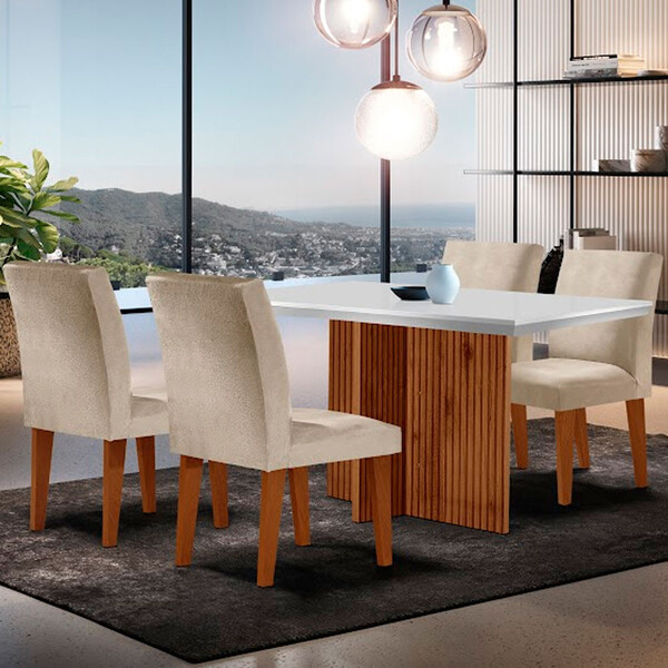 Sala De Jantar Mesa Olimpia 120 Mdf Canto Copo Com 4 Cadeiras