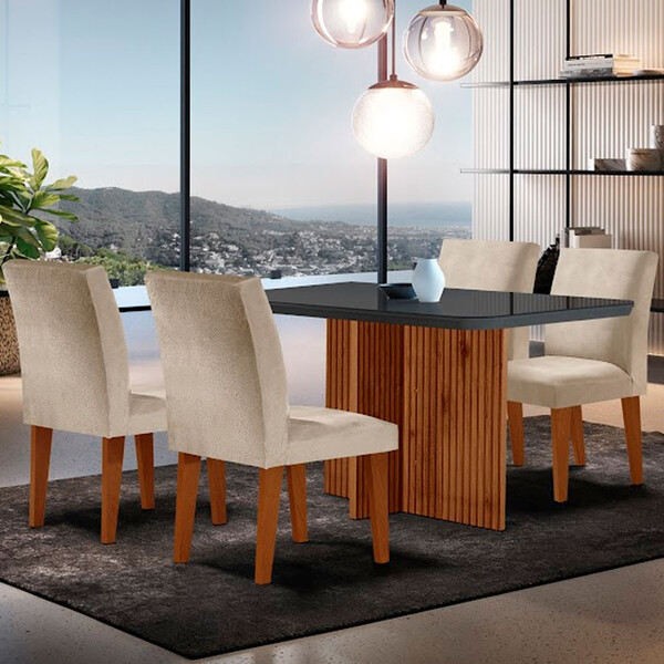 Sala De Jantar Mesa Olimpia 120 Mdf Vidro Canto Copo Com 4 Ca