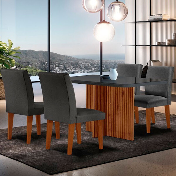 Sala De Jantar Mesa Olimpia 120 Mdf Vidro Canto Copo Com 4 Ca