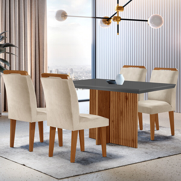 Sala De Jantar Mesa Olímpia 120cm Mdf Canto Reto Com 4 Cadeir