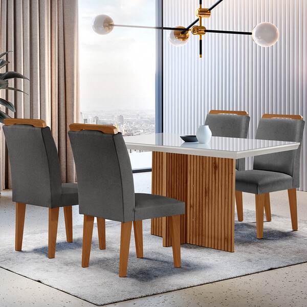 Sala De Jantar Mesa Olimpia 120cm Mdf Vidro Canto Reto Com 4