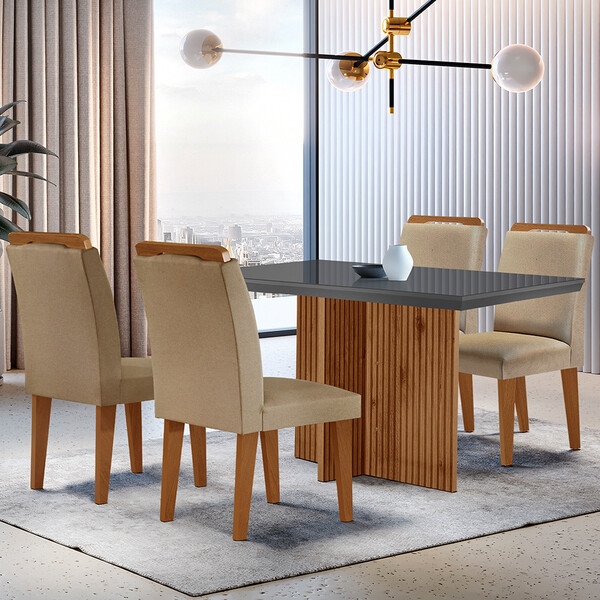 Sala De Jantar Mesa Olímpia 120cm Mdf Vidro Canto Reto Com 4