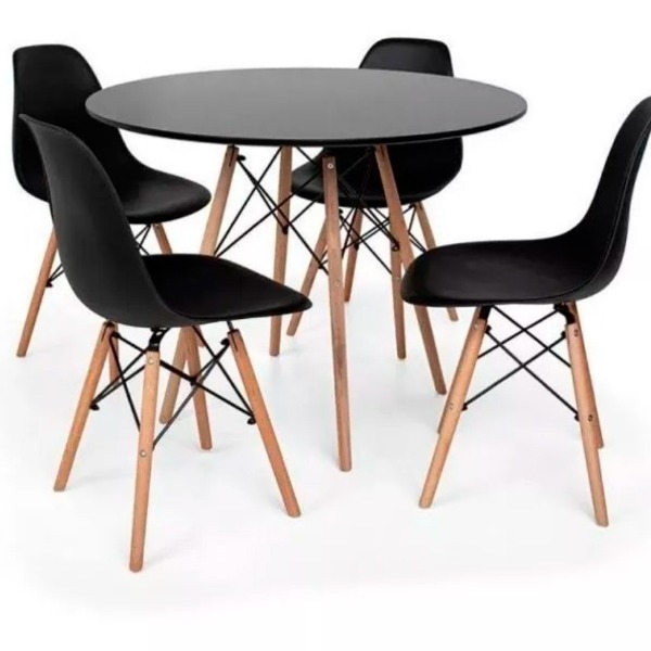 Sala De Jantar Mesinha Preta Eames Redonda + 4 Cadeiras Eames