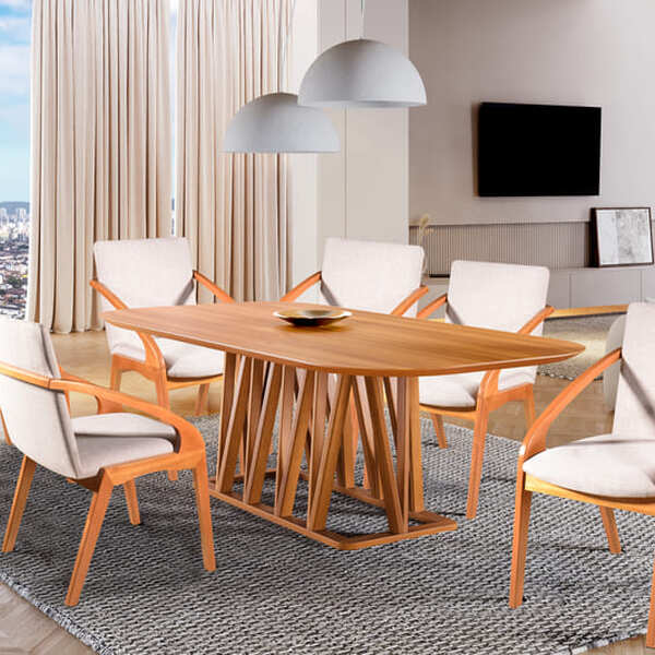 Sala De Jantar Moderna Madeira Maciça 6 Cadeiras 2,0x1,0m - G