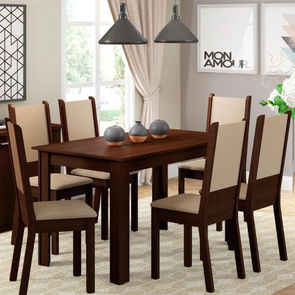 Sala De Jantar Tábata Mesa 1,36m Com 6 Cadeiras - Tabaco/ Cre