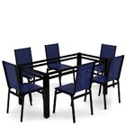 Sala Jantar 6 Lugares S/ Vidro Alumínio Preto Tela Azul