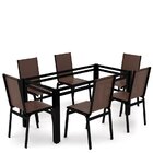 Sala Jantar 6 Lugares S/ Vidro Alumínio Preto Tela Marrom