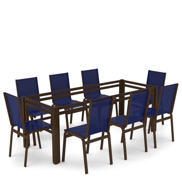 Sala Jantar 8 Lugares S/ Vidro Alumínio Marrom Tela Azul