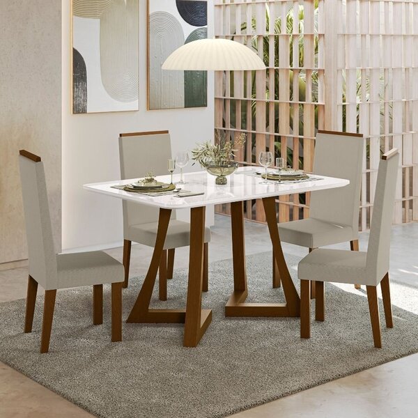 Sala Jantar Ana 136cm Vidro 4 Cadeiras Linho Claro Livia Âmba