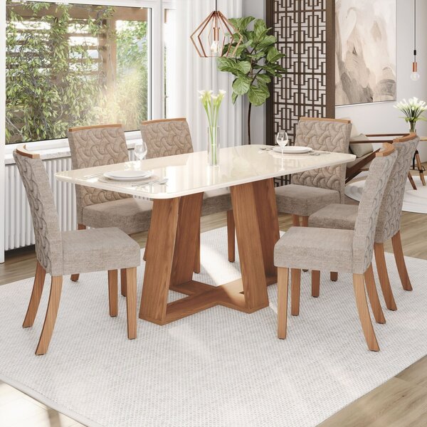 Sala Jantar Lara Mesa 180 Cm Canto Arredondado Com Vidro 6 Ca