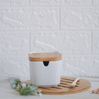 Saleiro de Mesa de Cerâmica Porta Sal Com Tampa De Bambu e Co
